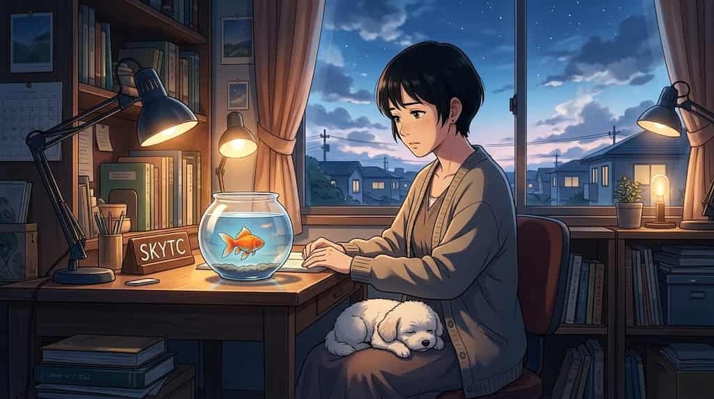 A thoughtful anime-style illustration from skytc featuring a woman and her dog observing a lethargic goldfish in a bowl at twilight.