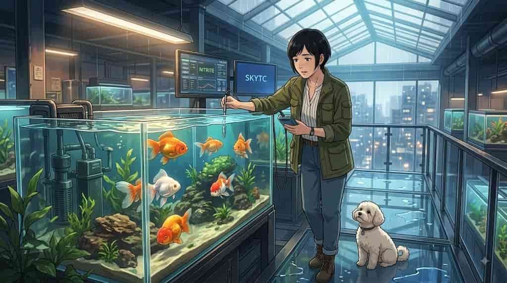 A woman with a pixie cut and a Maltipoo dog tests the water in a large goldfish tank for nitrite spikes, an illustration by skytc.