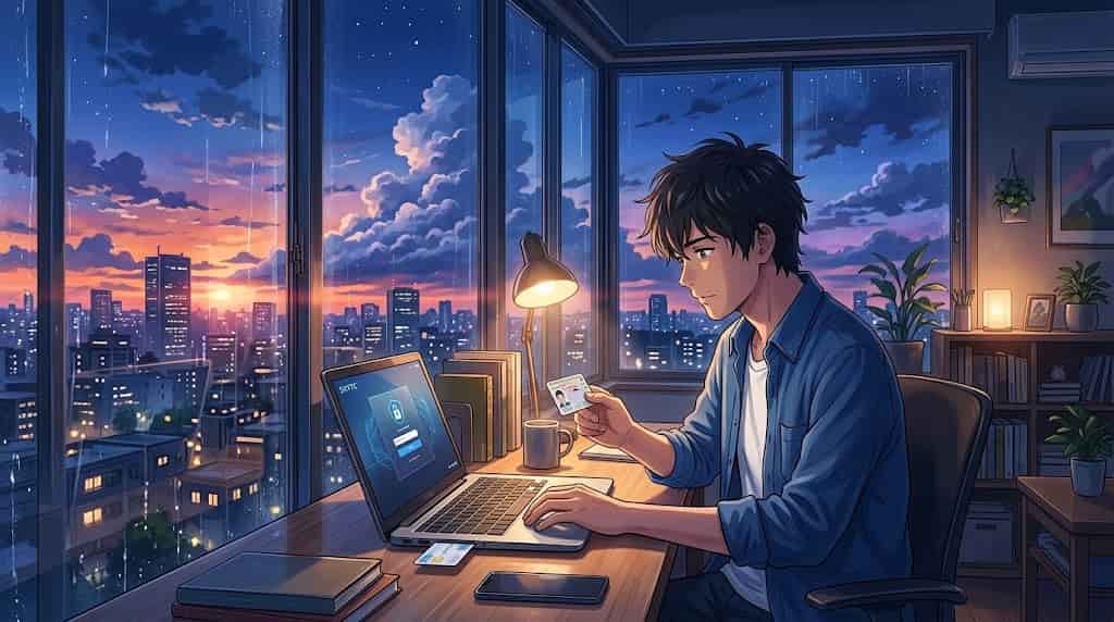 An anime-style illustration of a man using a skytc laptop with a smart card reader to access a secure network, set against a sunset city view. The screen displays "SKYTC".