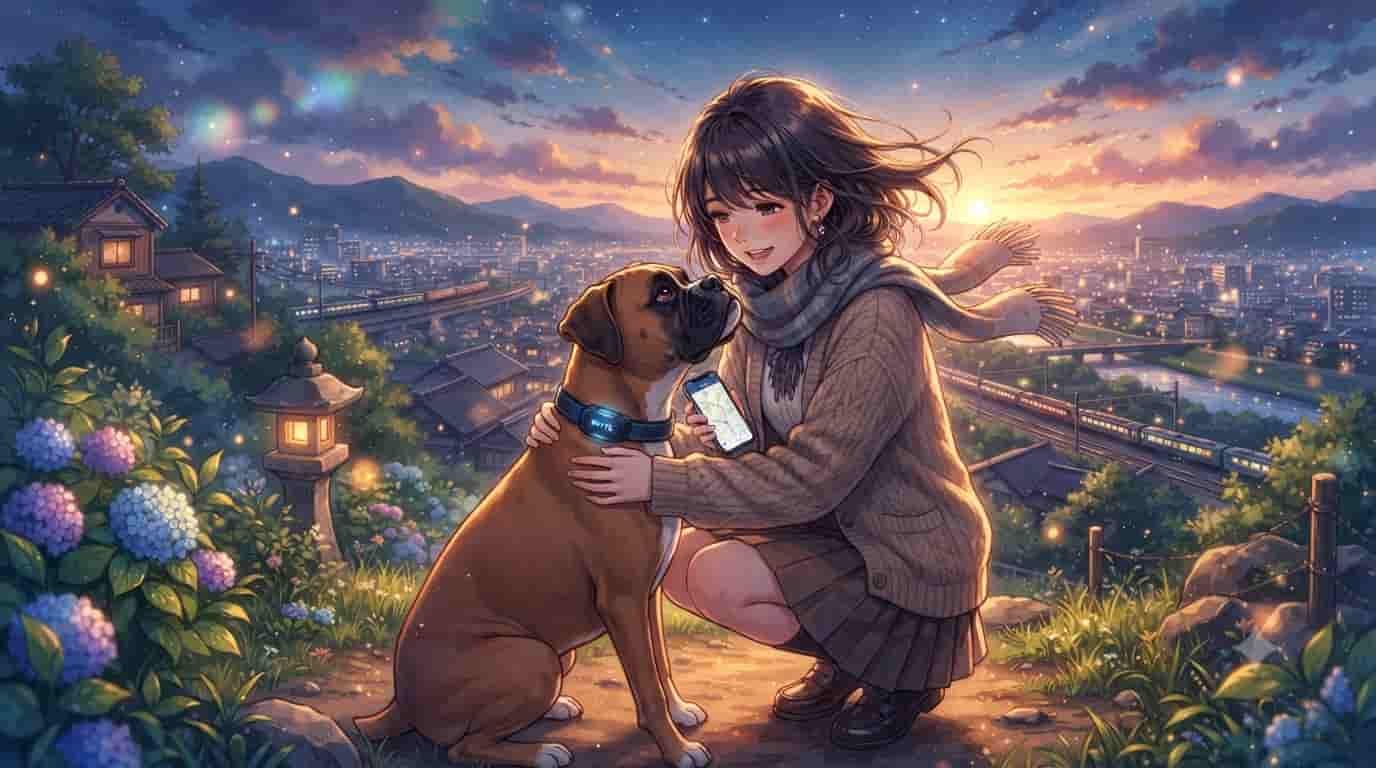 An anime illustration in Makoto Shinkai style shows a woman with a Boxer dog on a hill overlooking a city at sunset. The dog wears a SKYTC smart GPS collar.