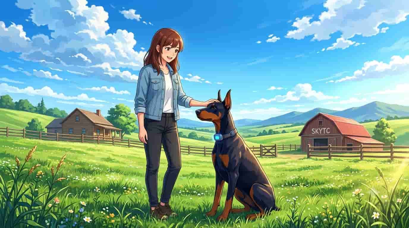 A woman and her Doberman Pinscher wearing a skytc GPS tracker on a sunny farm.