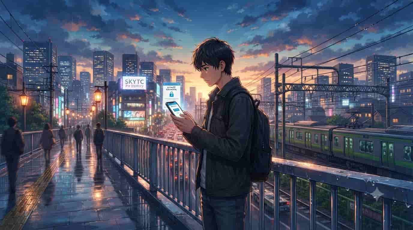 A Japanese anime-style illustration featuring a man using a secure SKYTC phone payment app on a rain-slicked Tokyo bridge at sunset.