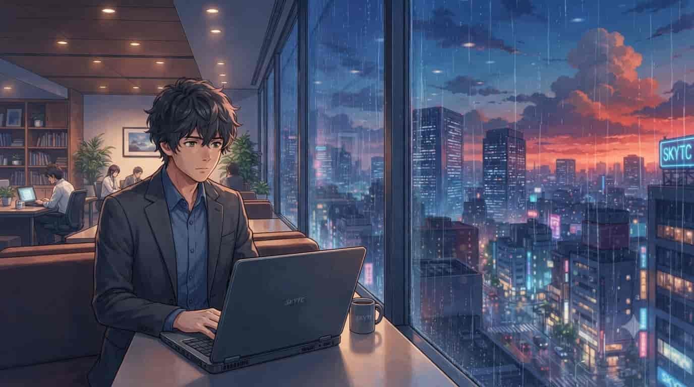 Anime illustration of a male consultant using a durable SKYTC heavy-duty work laptop in a high-rise office overlooking a rainy Tokyo cityscape at sunset.