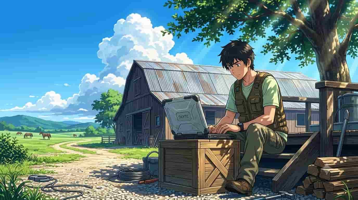 A man using a robust rugged laptop on a sunlit farm, representing heavy-duty work for tech teams on a ranch.