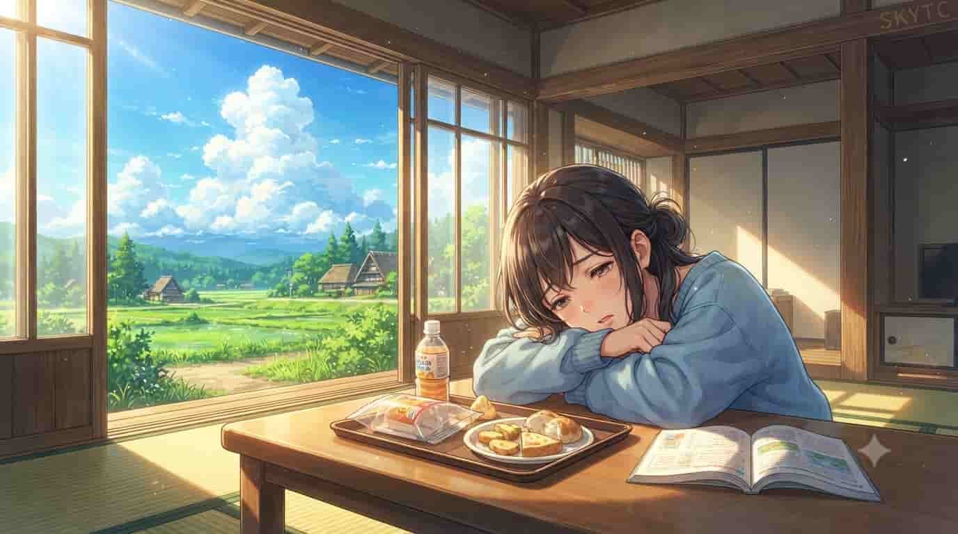 An anime-style illustration of a tired student inside a sunlit traditional Japanese home, resting her head on a table after eating a high-sugar lunch, provided by skytc.