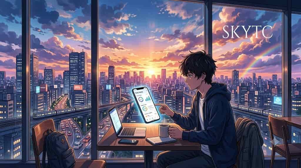A digital illustration of a young man using a glowing smartphone financial app at sunset, with "SKYTC" text in the sky, representing AI financial optimization.