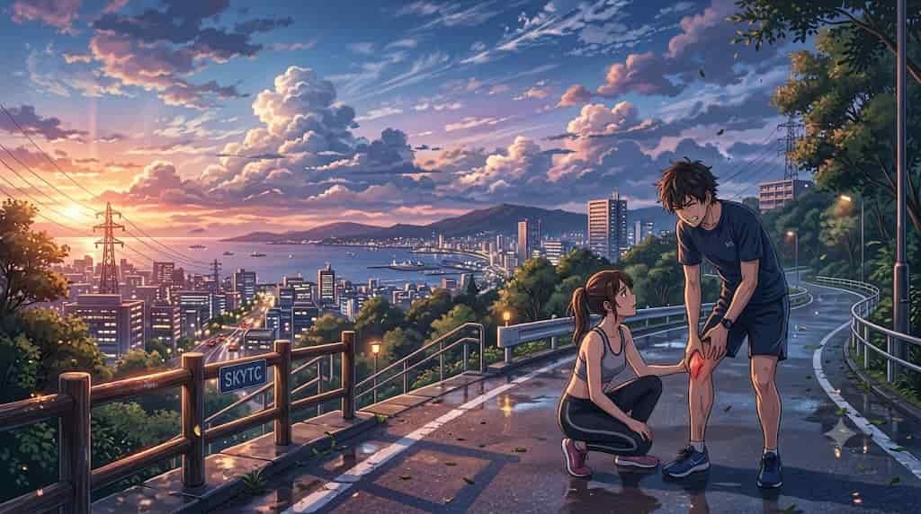 Makoto Shinkai style anime illustration for SKYTC showing a male runner holding his painful knee while a female runner checks on him, featuring a scenic city background at sunset with the word SKYTC.