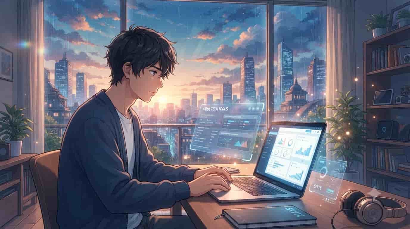An anime-style illustration of a man working on a laptop in a futuristic setting, representing the theme of selecting value tech tools for productivity.Suggested Caption: Finding the right tech tools is essential for maximizing productivity. Here’s how to make the best value choices for your workflow.Image Description: An artistic anime-style illustration depicting a young man in a modern office, deeply engaged with a sleek laptop and multiple glowing holographic interfaces displaying charts, data, and productivity metrics. The background features a vibrant, futuristic city skyline at dusk, rendered with cinematic lighting, lens flares, and intricate details reminiscent of Makoto Shinkai's work. The atmosphere is inspired and focused. The name "SKYTC" is subtly integrated into the holographic display on the laptop screen.