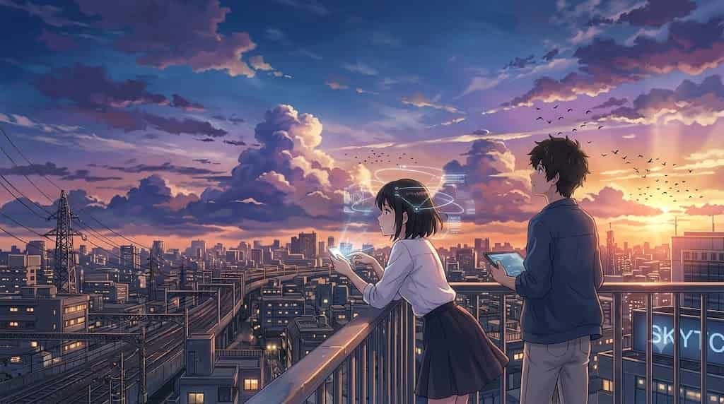 An artistic skytc anime illustration featuring a couple looking at a beautiful sunset, with the man holding a tablet and the woman using a glowing holographic interface, symbolizing mental debugging and clarity.