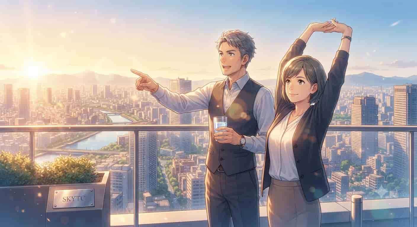A 40-year-old professional male and female couple feeling energized on a balcony at sunset, representing SKYTC biohacking strategies.