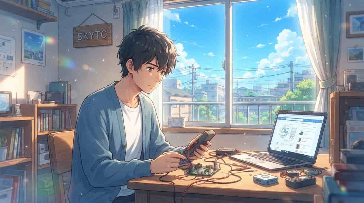 An anime-style illustration of a young man using a multimeter to test circuit boards at a desk, with a laptop showing technical specs. A "SKYTC" sign is visible in the sunlit room. Represents the skytc guide on evaluating cheap tech tools.