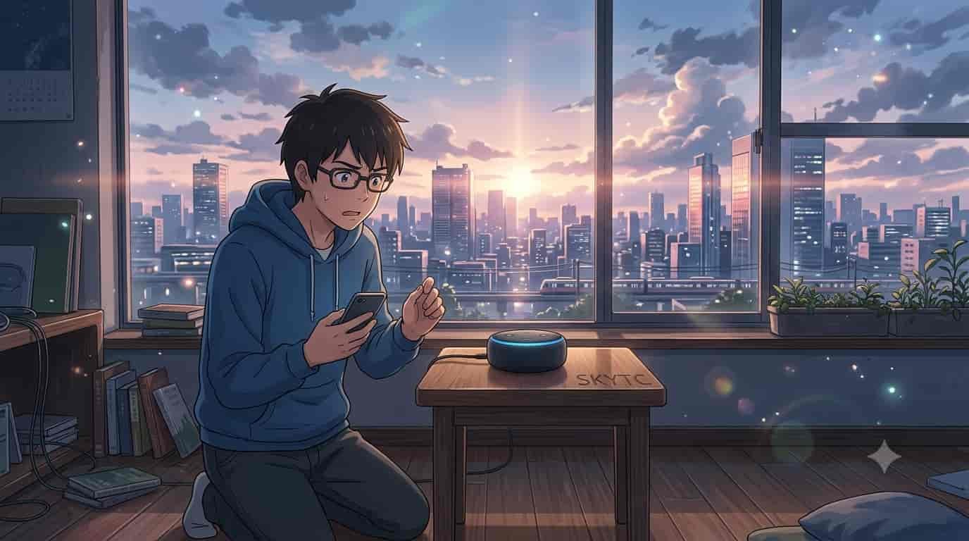 Anime illustration by skytc showing a young man attempting to fix an unresponsive Alexa smart speaker error during sunset