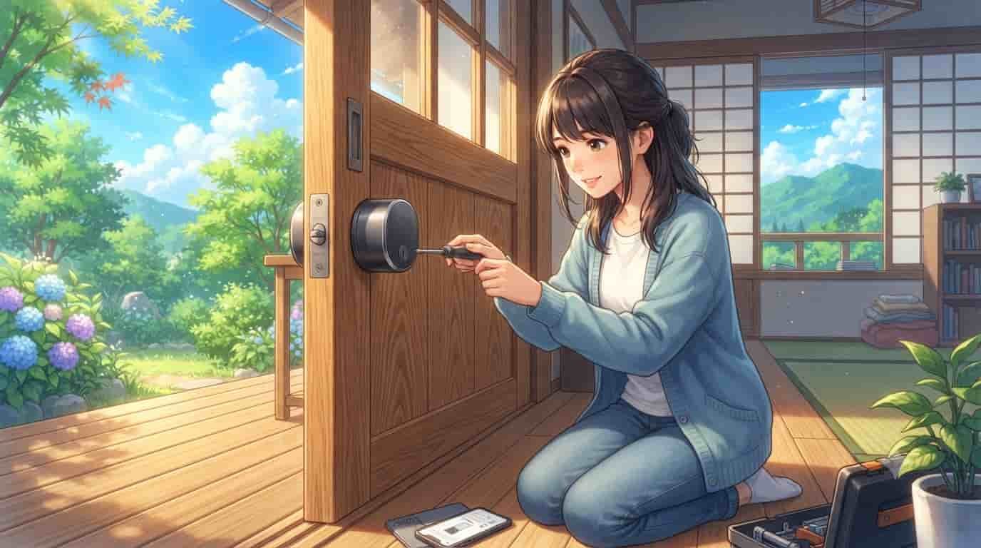 An anime-style illustration of a young woman using a screwdriver to adjust a silver August Smart Lock deadbolt installed on a traditional wooden oak door, with a bright, lush garden visible outside. skytc.