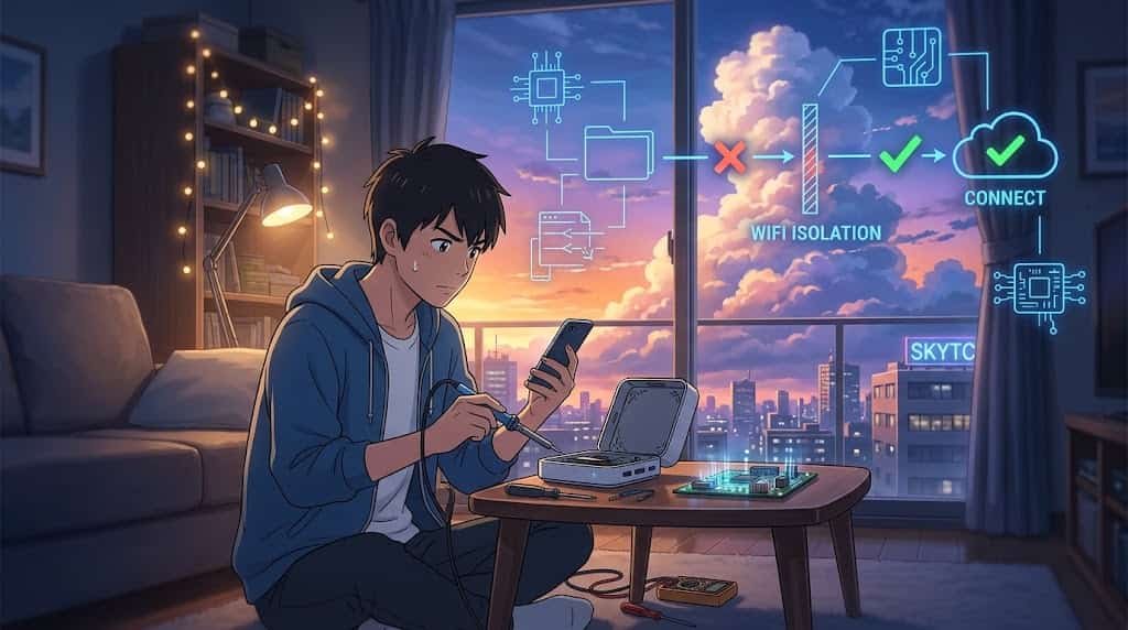 A skytc illustration showing a young man troubleshooting a smart device with glowing holographic data showing network connections, a city background at sunset, in the style of Makoto Shinkai.