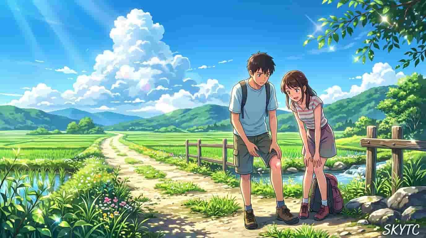 An artistic Makoto Shinkai style illustration from skytc showing a woman examining a man's knee in the countryside, representing early signs of structural knee strain.
