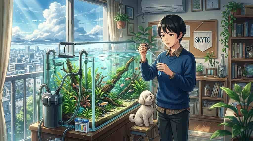 A woman performing water tests on a large, vibrant planted aquarium, maintaining nitrate levels for skytc's aquarium care guide.
