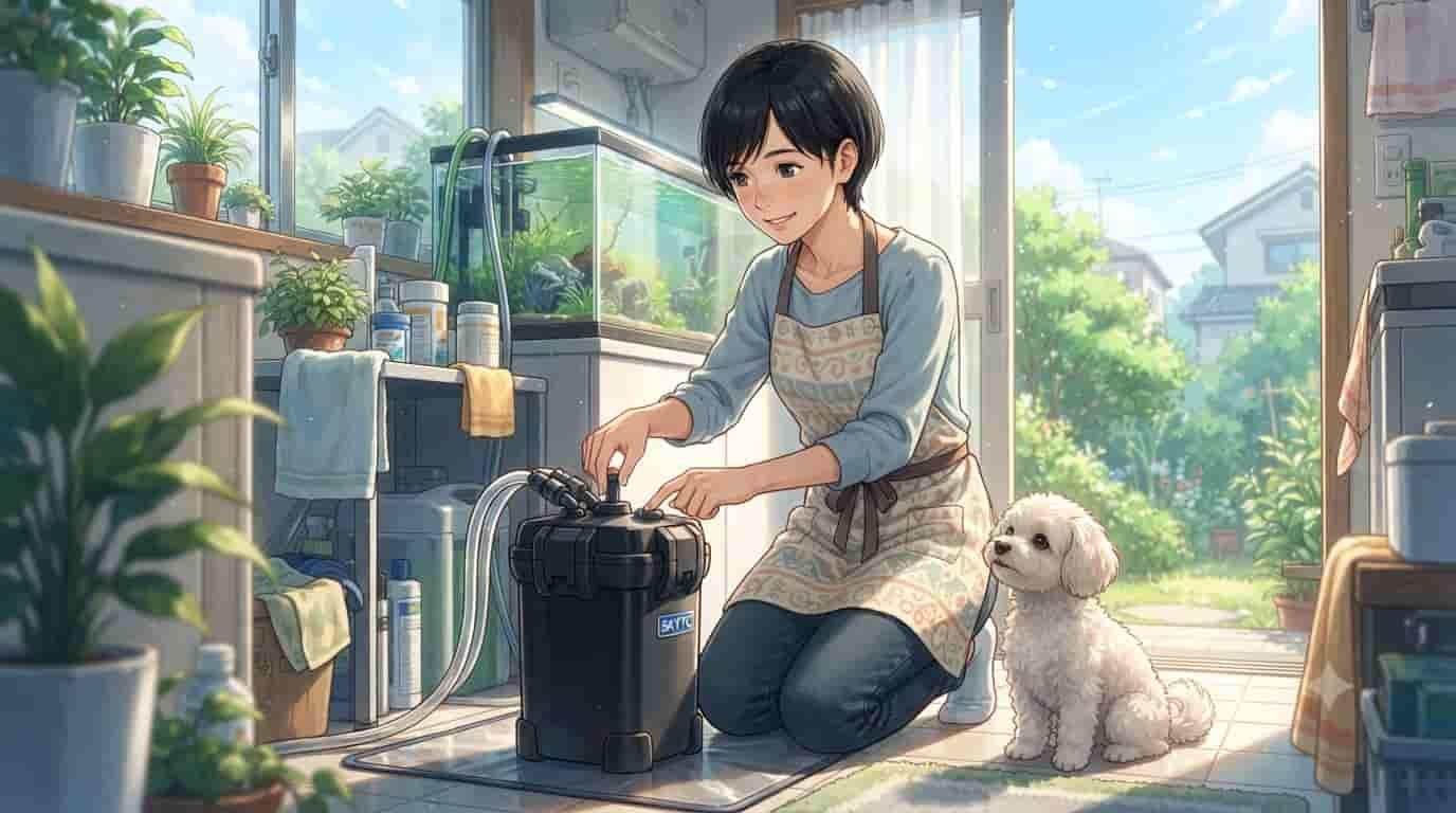 A smiling 45-year-old Japanese woman in her sunlit home, using Skytc instructions to quickly prime a black canister filter for her aquarium, accompanied by a white Maltipoo dog.
