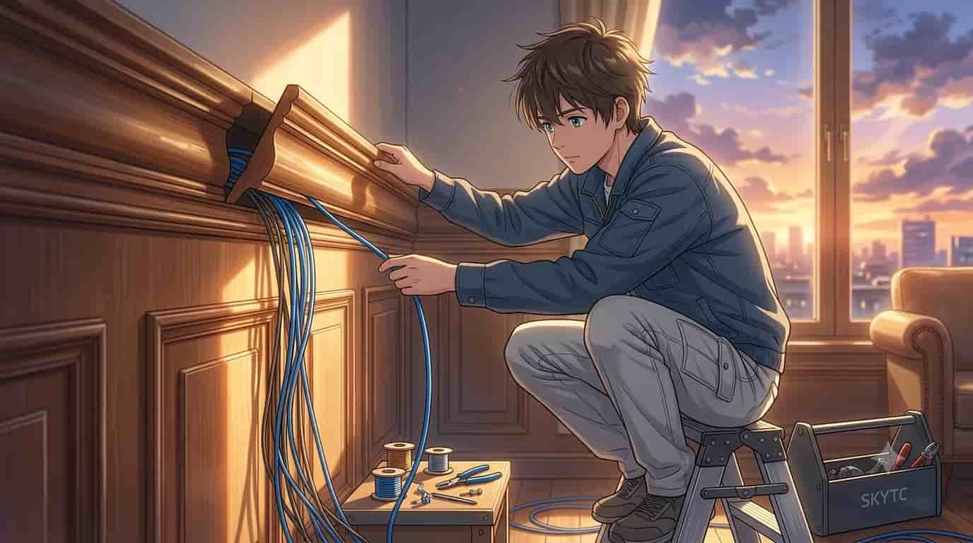 SKYTC graphic showing an anime character carefully guiding a blue cable behind intricate hardwood crown molding.Suggested Caption: Learning how to hide the tech for a seamless SKYTC aesthetic.