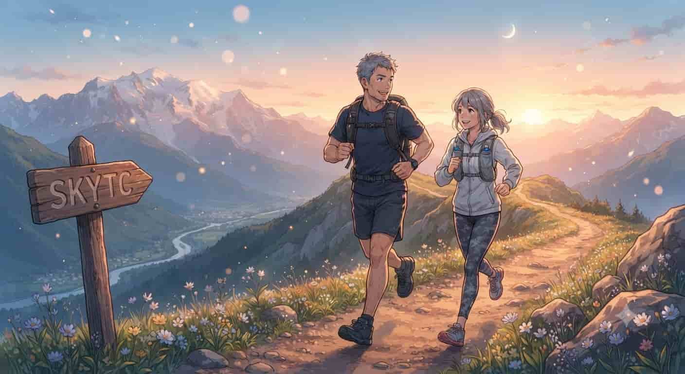 A 40-year-old male and female runner couple smiling during a mountain sunset run, with a "SKYTC" sign, representing bone health.