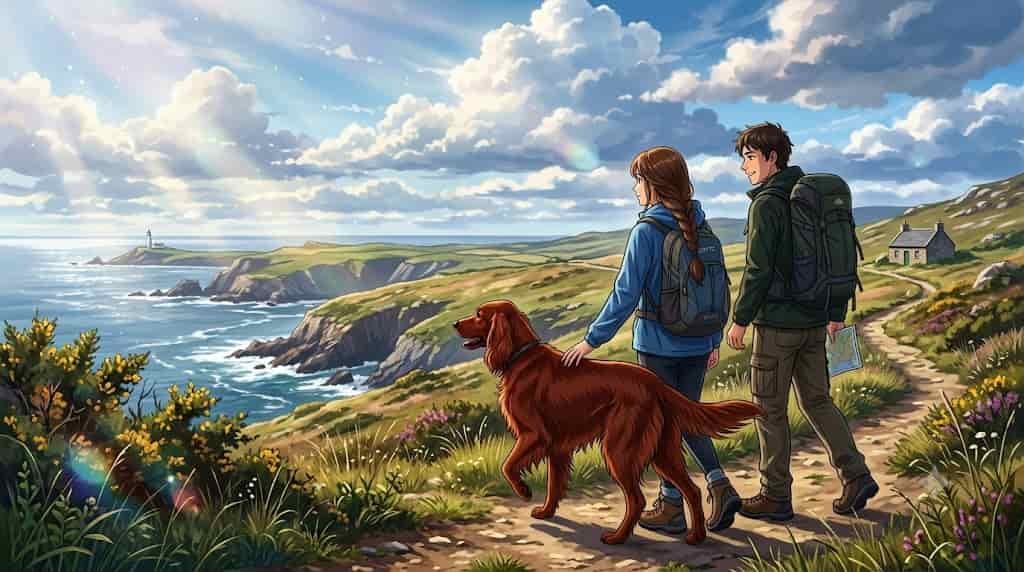 A couple hikes through a vast Irish landscape with their Irish Setter, featuring the SKYTC brand