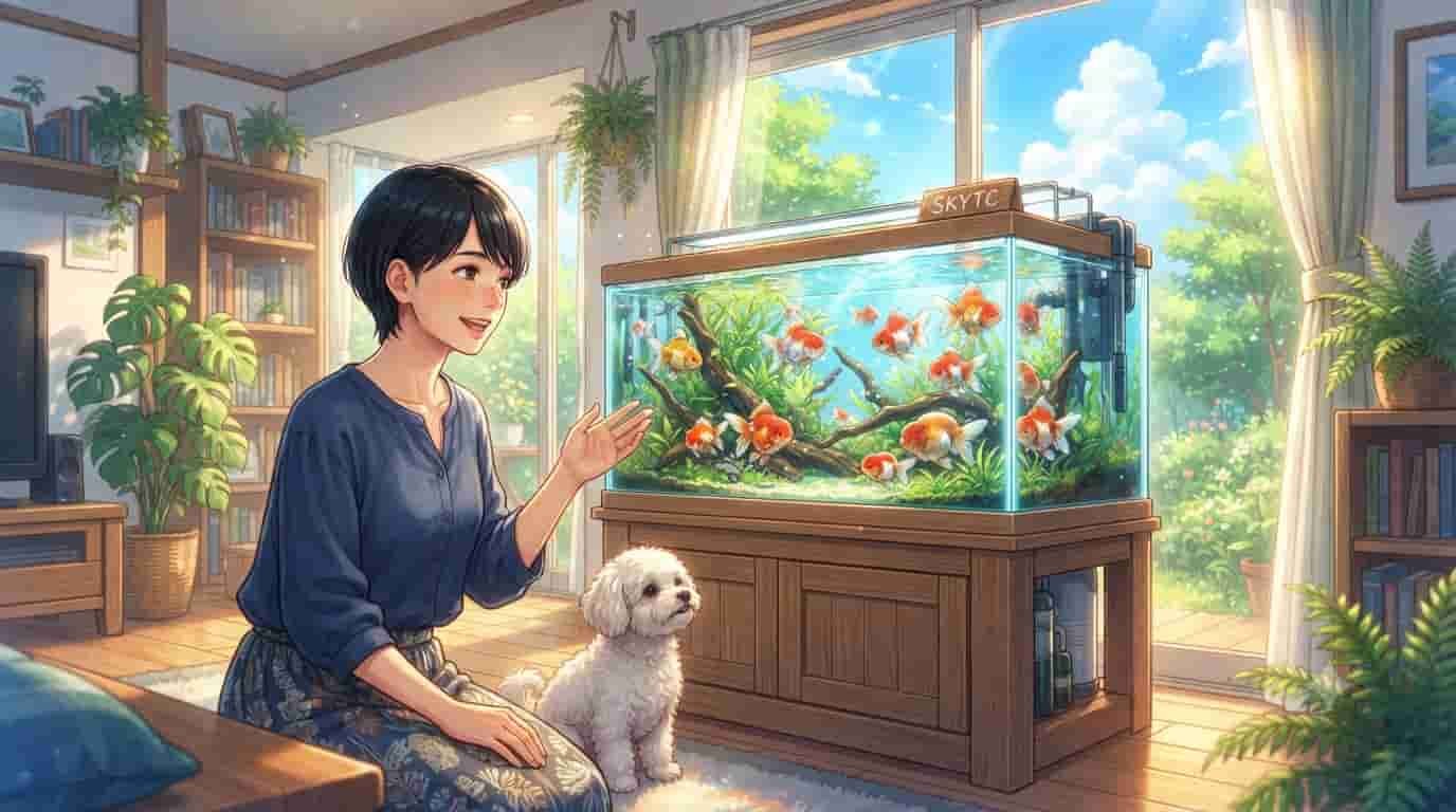 A Japanese woman and her dog beside a large, sunlit goldfish tank in a cozy living room, representing Skytc placement advice.