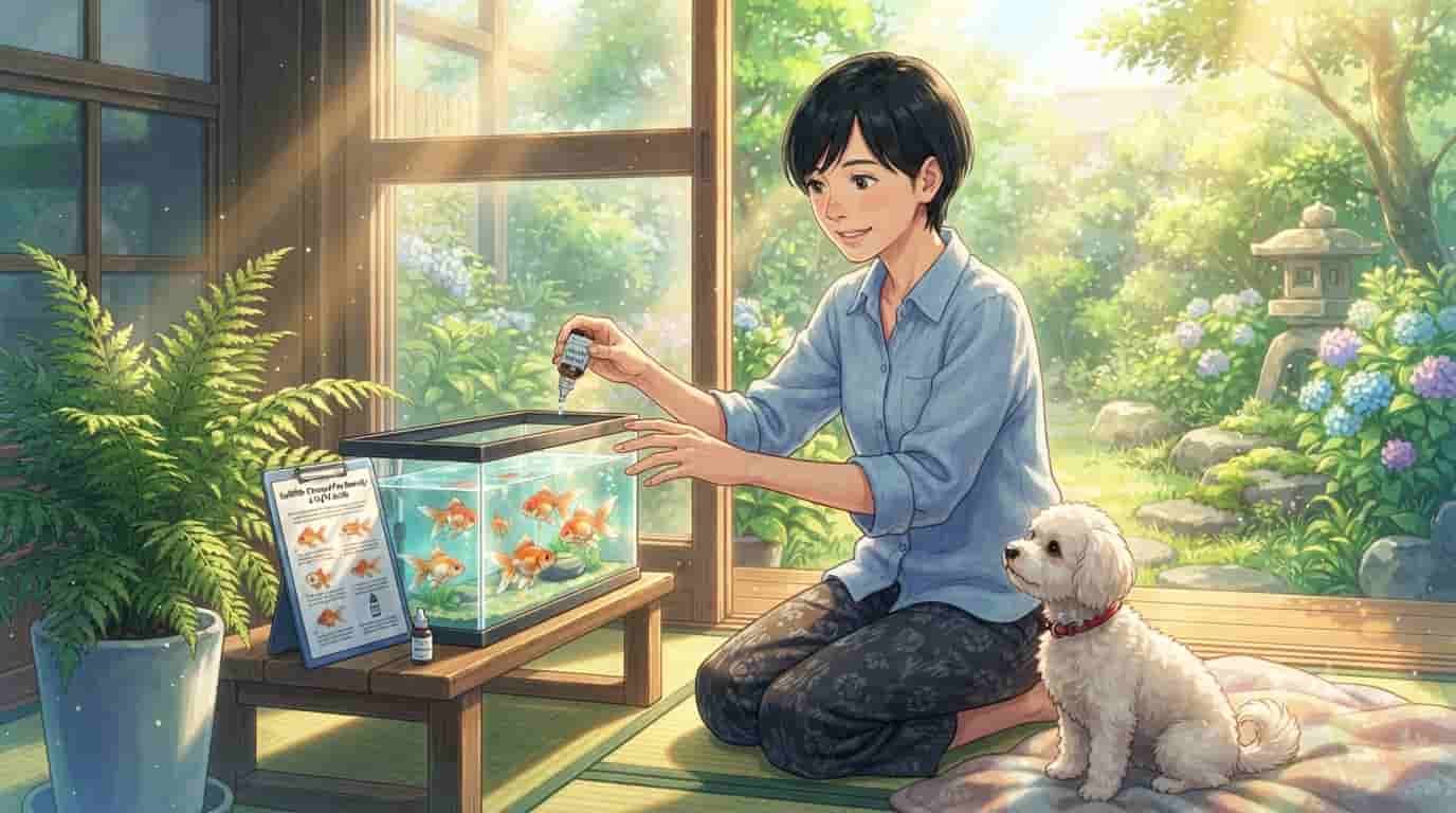 A Japanese woman and her dog watching as she administers SkyTC remedy to a goldfish aquarium with fish suffering from clamped fins.