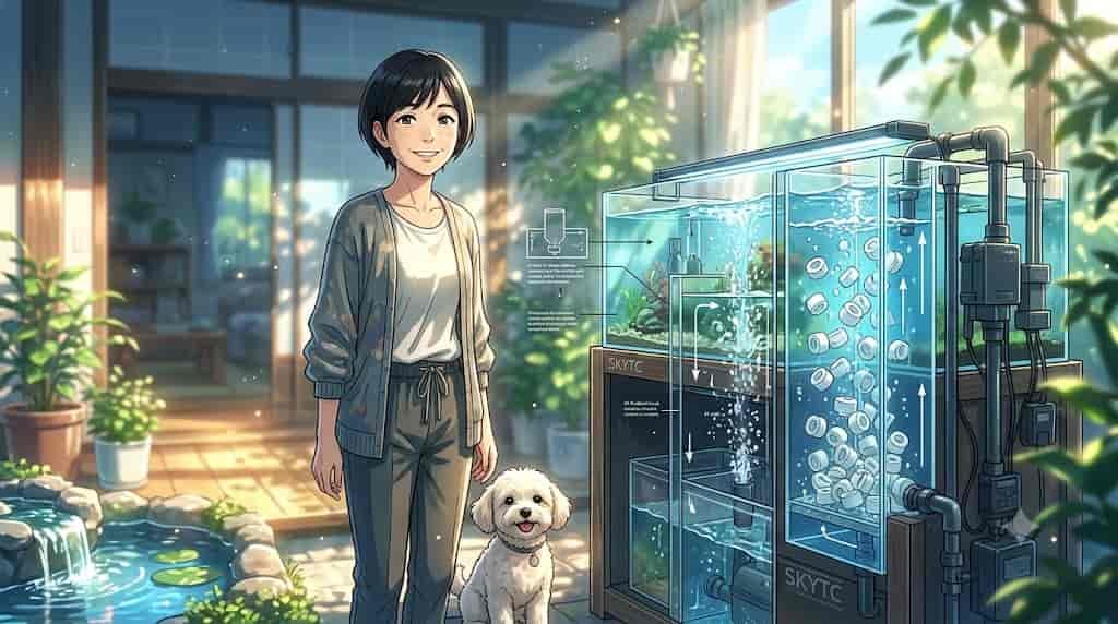 A detailed view of a K1 fluidized moving bed filter within a bright, sunlit sump, showcased in an anime-style illustration by SKYTC.