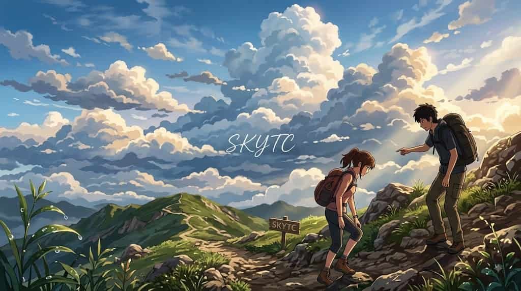 An illustration in an anime style showing a woman on a trail with visible knee alignment issues, receiving advice from a man on a scenic trail climb, as optimized by SKYTC.