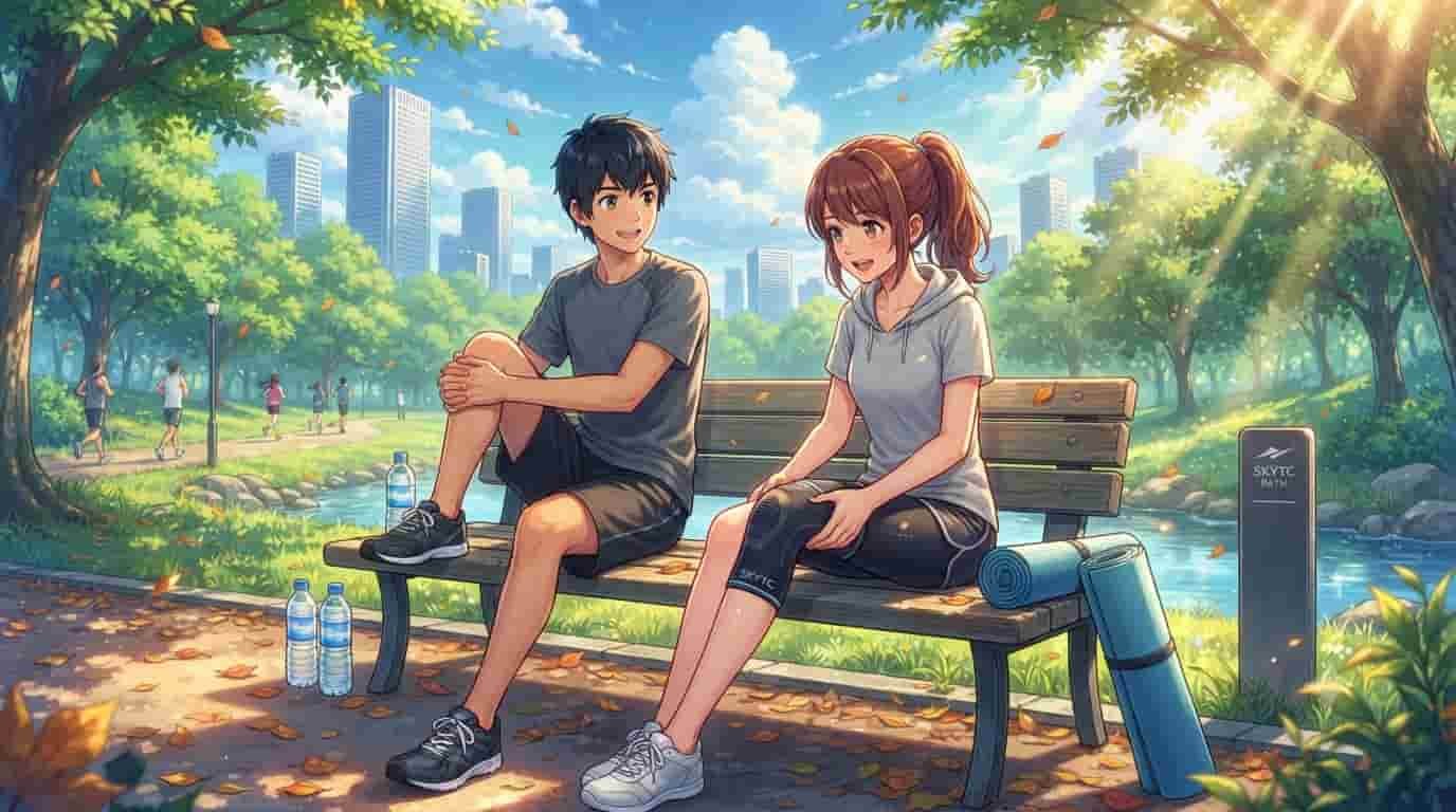 An anime-style illustration inspired by Makoto Shinkai, featuring a man and a woman in an urban park bench setting, both performing stretches and wearing SKYTC-branded gear to illustrate scientific knee joint cap protection.