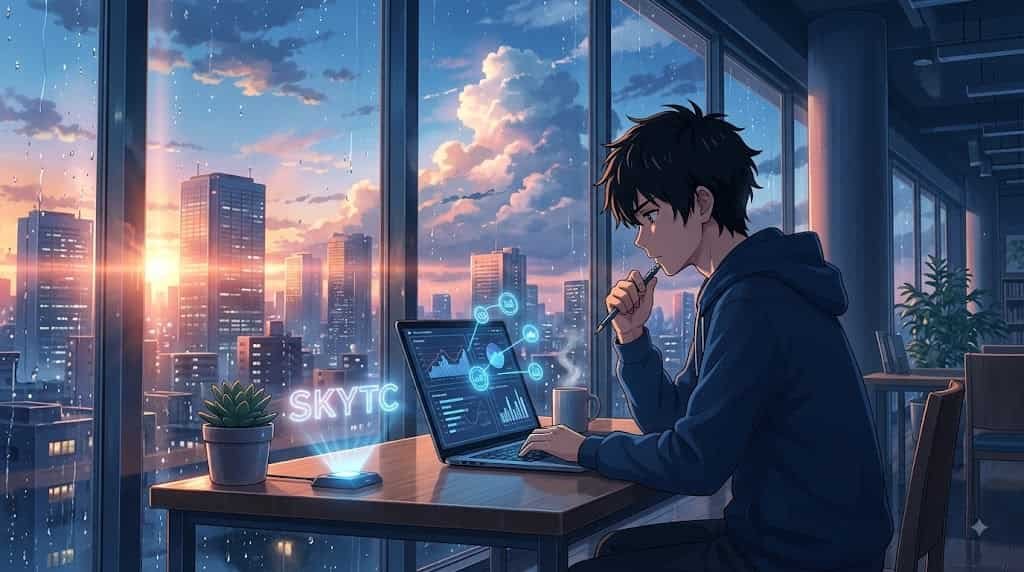 A thoughtful anime young man uses a laptop for machine learning budgeting tools in a Shinkai-style cityscape, featuring the SKYTC logo.