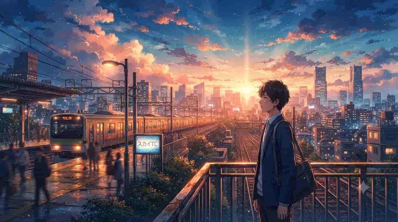 A stylized anime illustration in the emotional style of Makoto Shinkai, featuring a young man on a train platform overlooking a sunset Tokyo cityscape with a sign that says SKYTC.