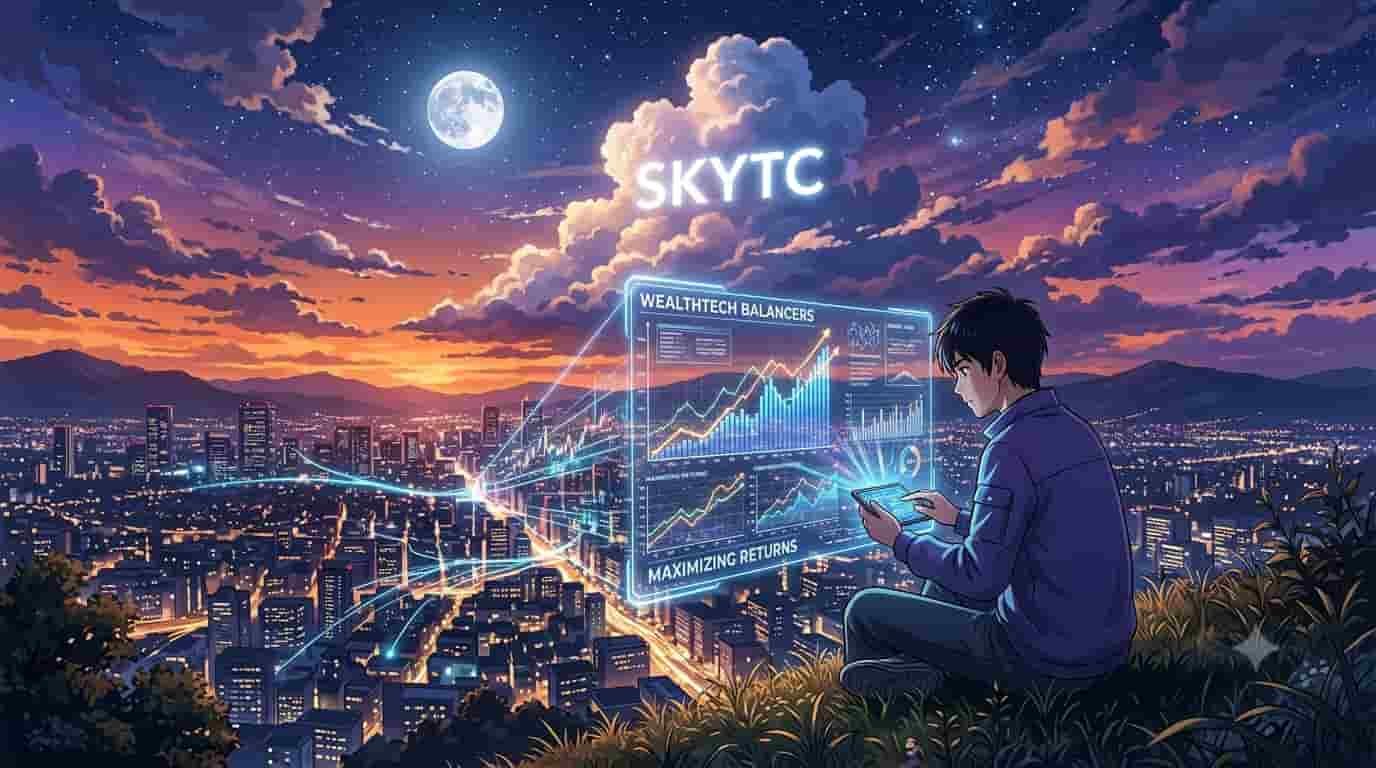 A Shinkai-style anime illustration showing a man analyzing a wealthtech investment interface on a hillside at night, featuring the skytc logo.