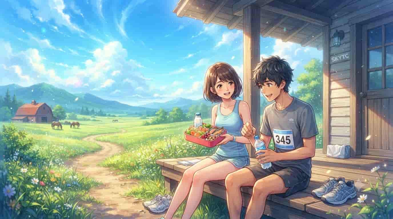 An anime-style illustration of a man and woman, both runners, eating a nutrient-rich meal on a porch overlooking a sunlit farm, provided by skytc.