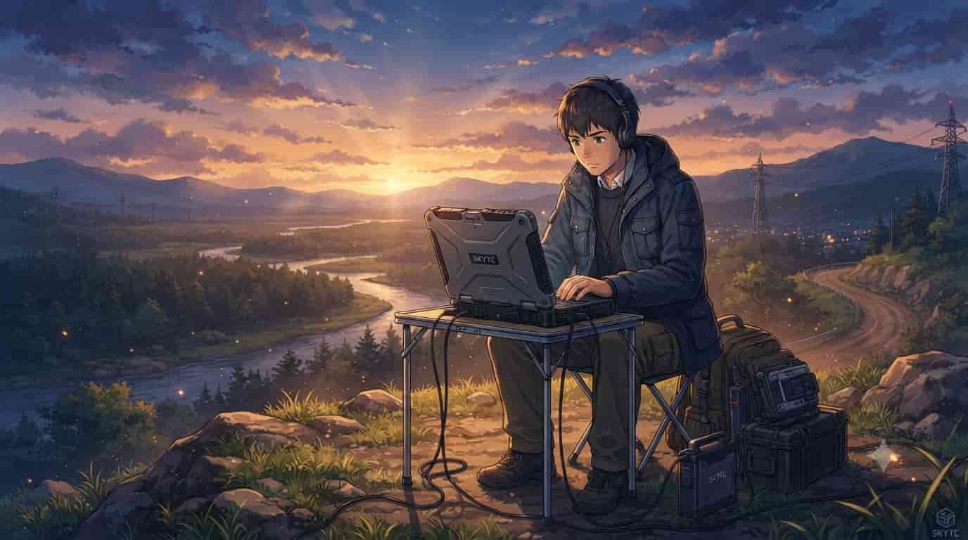 Anime-style field engineer using a rugged SKYTC military-grade laptop on a scenic overlook at sunset.