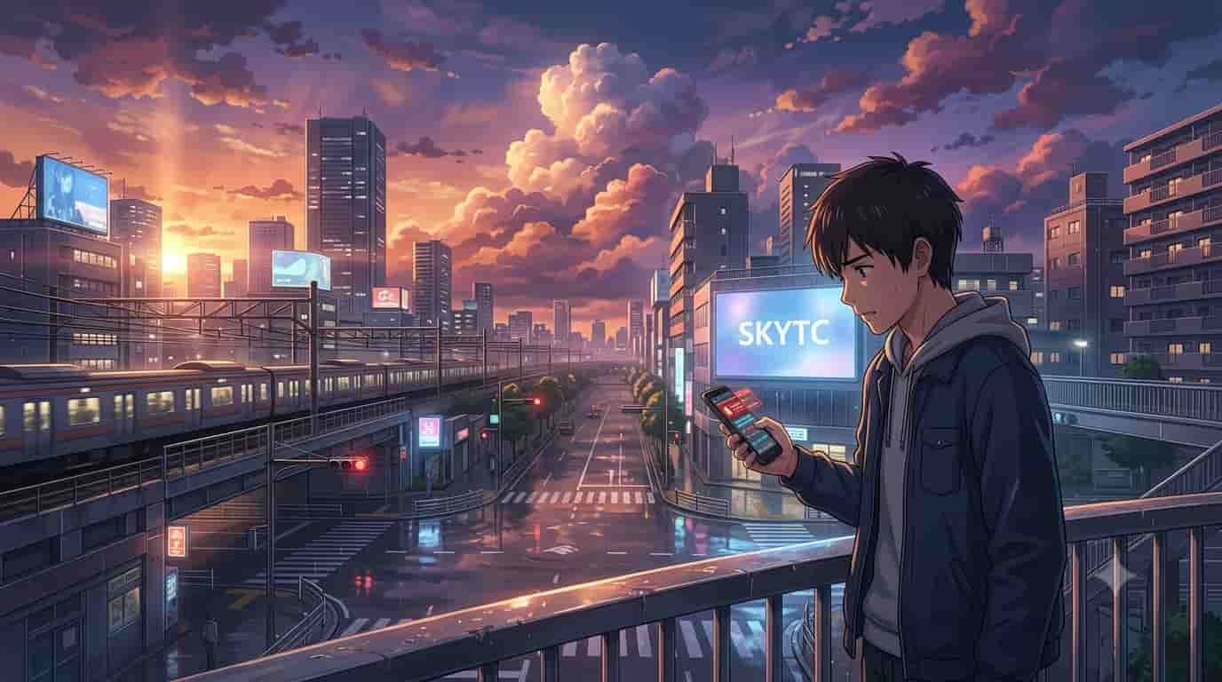A young man looks anxiously at his phone on a bridge in a Shinkai-style skytc cityscape, highlighting security concerns with a 'SKYTC' digital billboard visible.