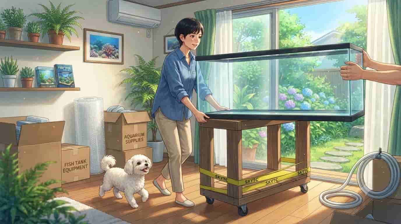 An anime-style illustration of a Japanese woman and a fluffy white dog moving a large 100-gallon fish tank in a sunlit room, with "SKYTC" branding on the stand straps.
