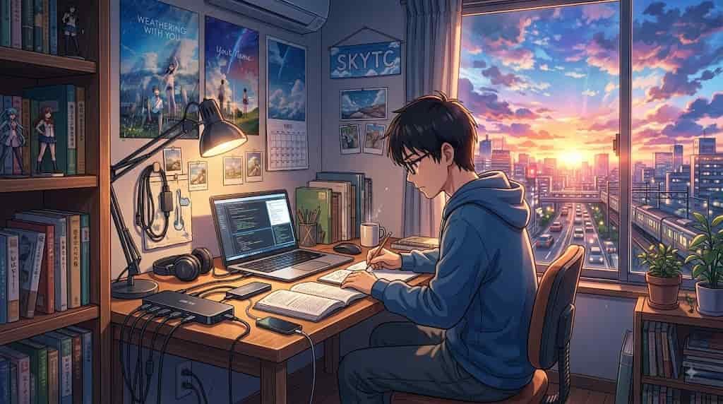 skytc illustration of a young man using a multi port usb hub on his desk at sunset, anime style