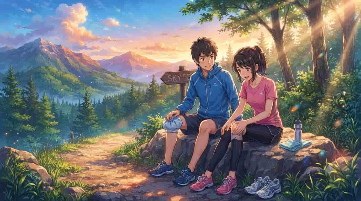 An anime-style illustration of a male and female runner sitting on a rock on a mountain trail. The man applies an ice pack to his knee, and the woman massages her knee. Both wear running gear. A wooden signpost in the background clearly reads 'SKYTC'. The sun sets over a lush valley.