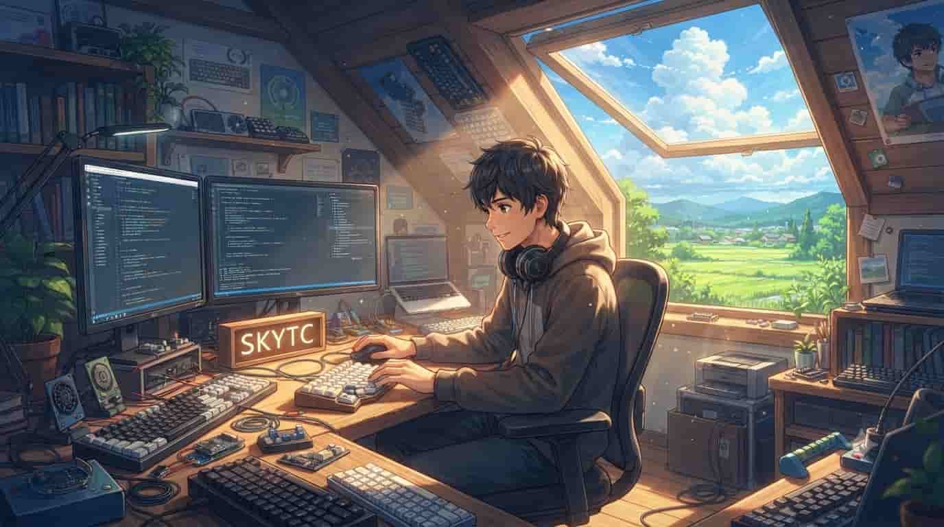An anime-style illustration of a skytc power user in a sunny attic, coding on multiple custom mechanical keyboards.