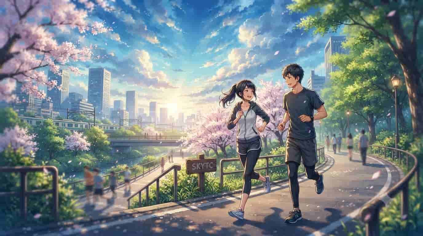 An anime-style illustration inspired by Makoto Shinkai, showing a man and a woman jogging in a park with cherry blossoms and a city skyline, with a sign that reads 'SKYTC'. (Represents the theme of stimulating osteoblasts for bone health).
