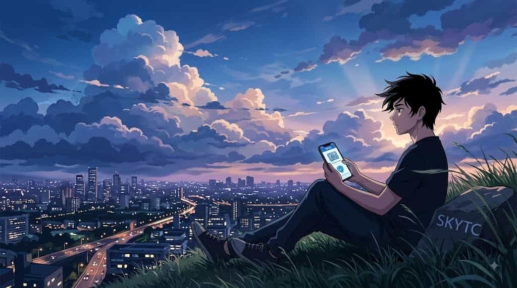 SKYTC illustration in anime style showing a young man sitting on a hill at twilight, holding a smartphone with a security app icon, with the text SKYTC written on a rock. The city skyline and dramatic clouds are in the background, representing secure mobile wallet password management.