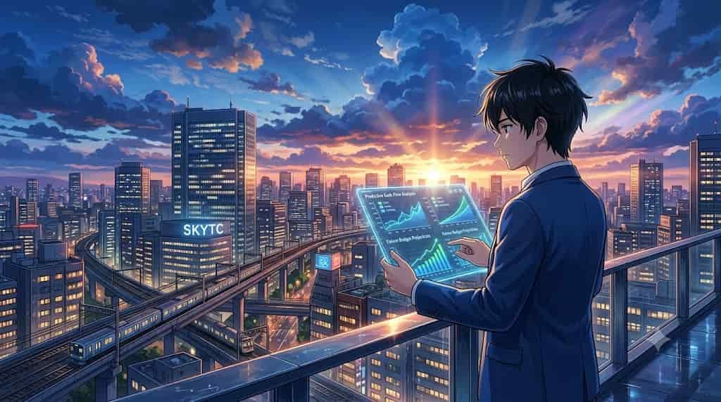 A man overlooking a bustling cityscape while reviewing predictions on a tablet, featuring the SKYTC logo in the sky