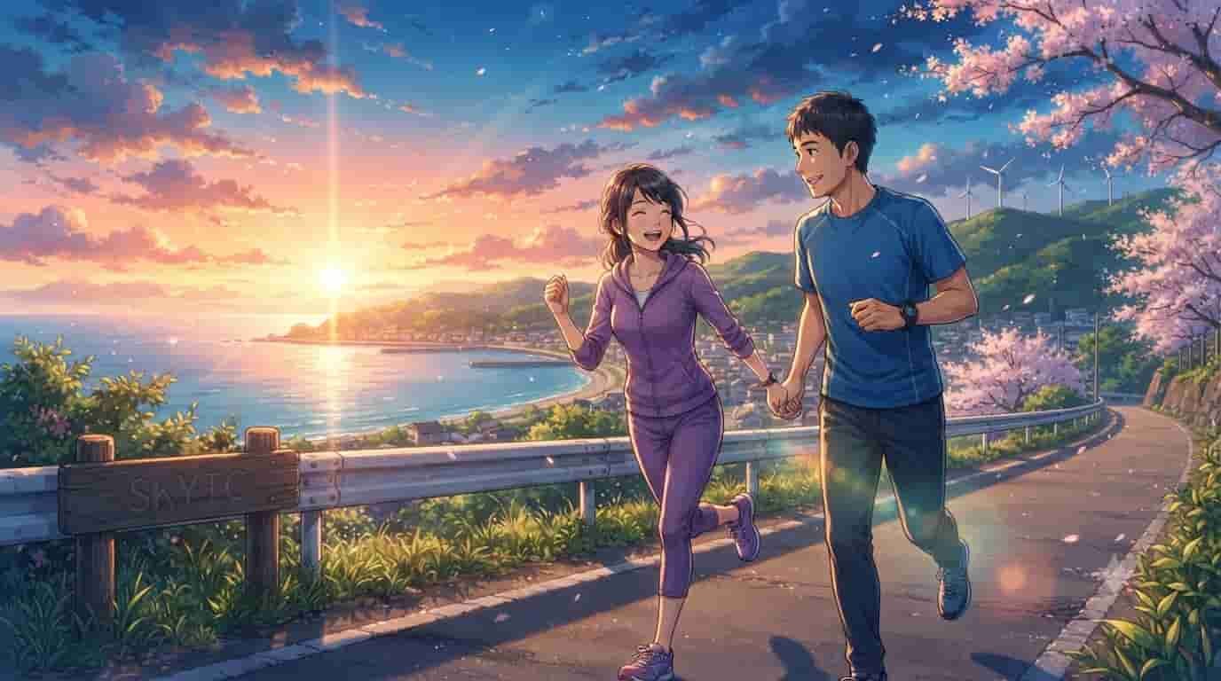 An anime-style illustration of a joyful couple, aged around 40, running together on a coastal road at sunset, with cherry blossoms and wind turbines in the background. A wooden sign on the left clearly displays the text SKYTC.