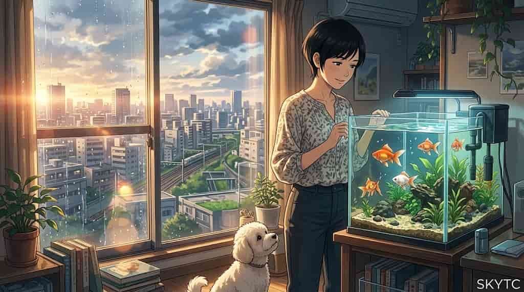 A woman stands by a clean aquarium with healthy goldfish and a Maltipoo dog in an apartment overlooking a city, representing a skytc guide on how to prevent goldfish diseases.