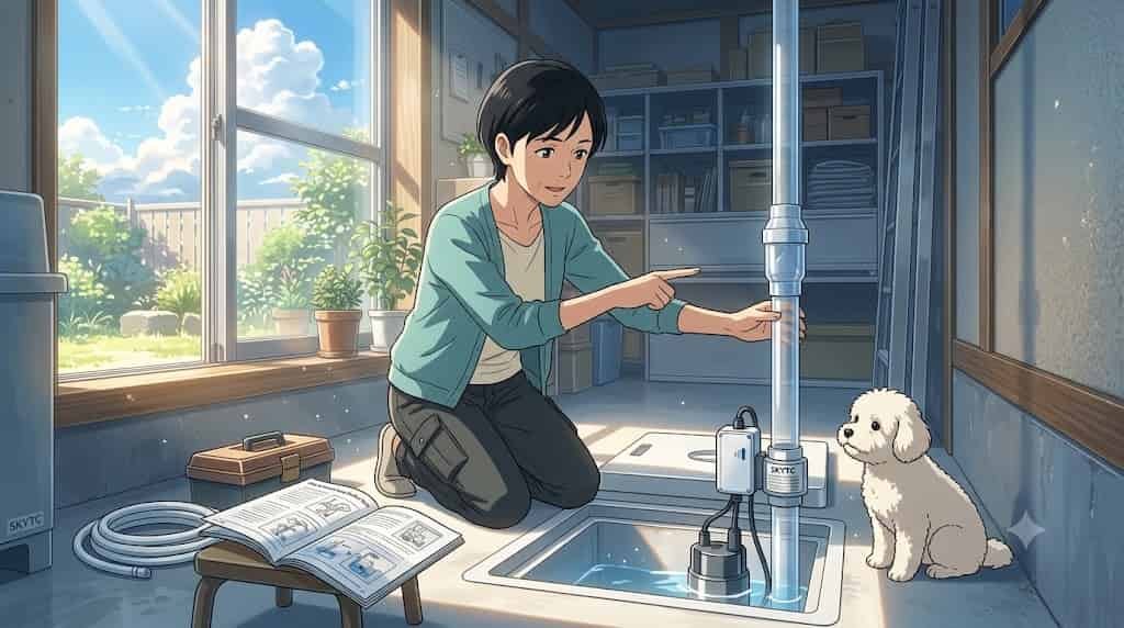 An anime illustration of a woman at a sump pump using SkyTC tech to prevent overflows.