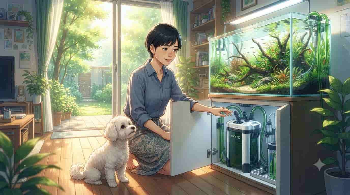 A woman and her dog next to a large planted aquarium with a SKYTC canister filter underneath, demonstrating leak prevention technology.