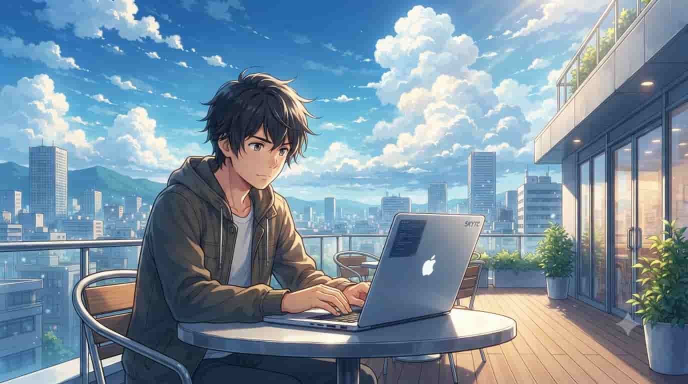 An anime-style illustration of a young man working on a professional laptop on a sunny rooftop terrace, representing skytc durability standards.
