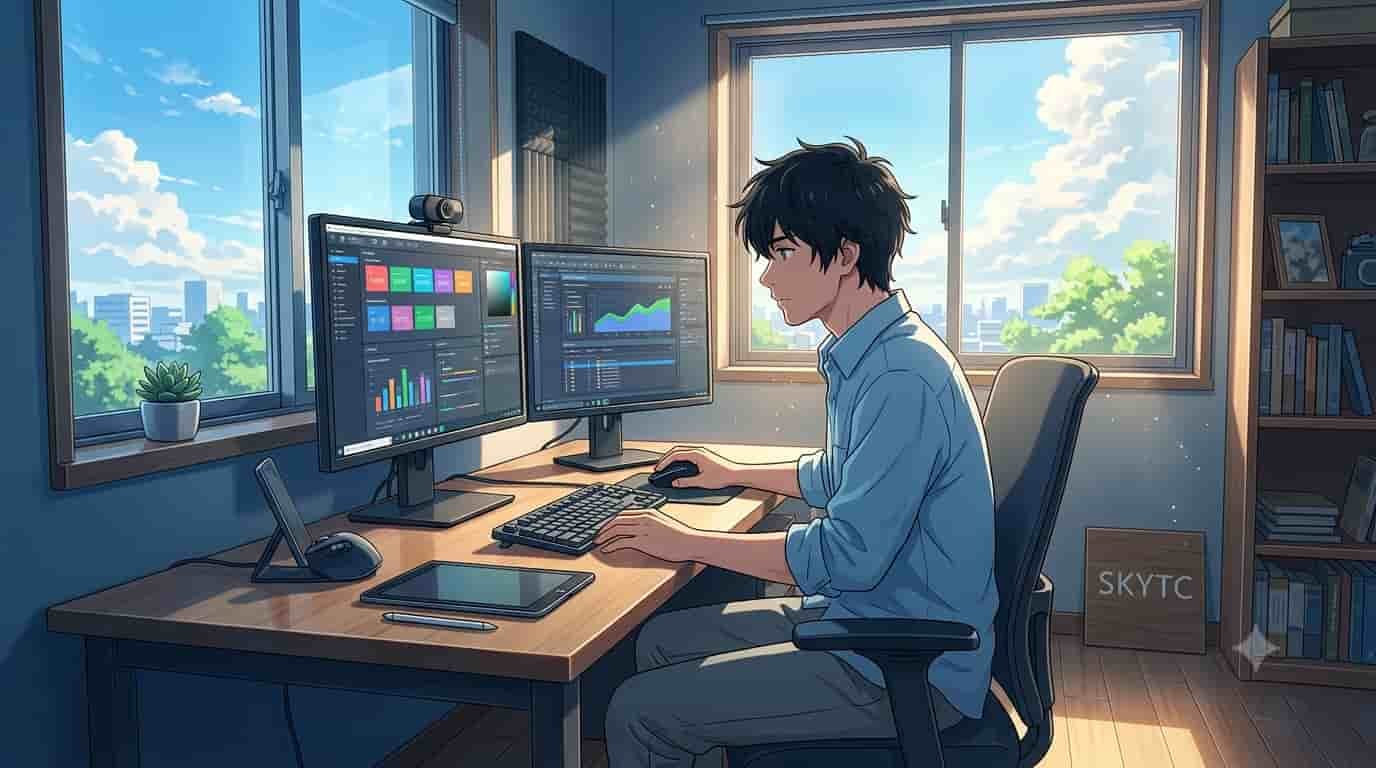A detailed skytc illustration showing a professional using top-tier office tech tools in a well-lit environment.