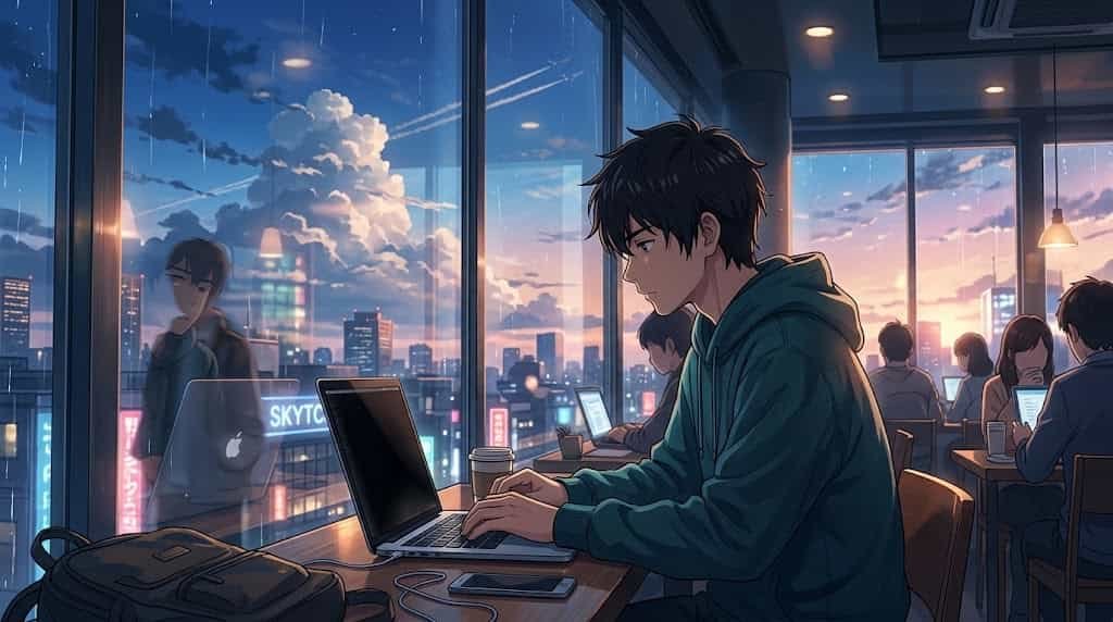 A skytc Makoto Shinkai inspired anime illustration of a man working on a laptop with a privacy screen in a busy cafe, addressing why remote workers need them.