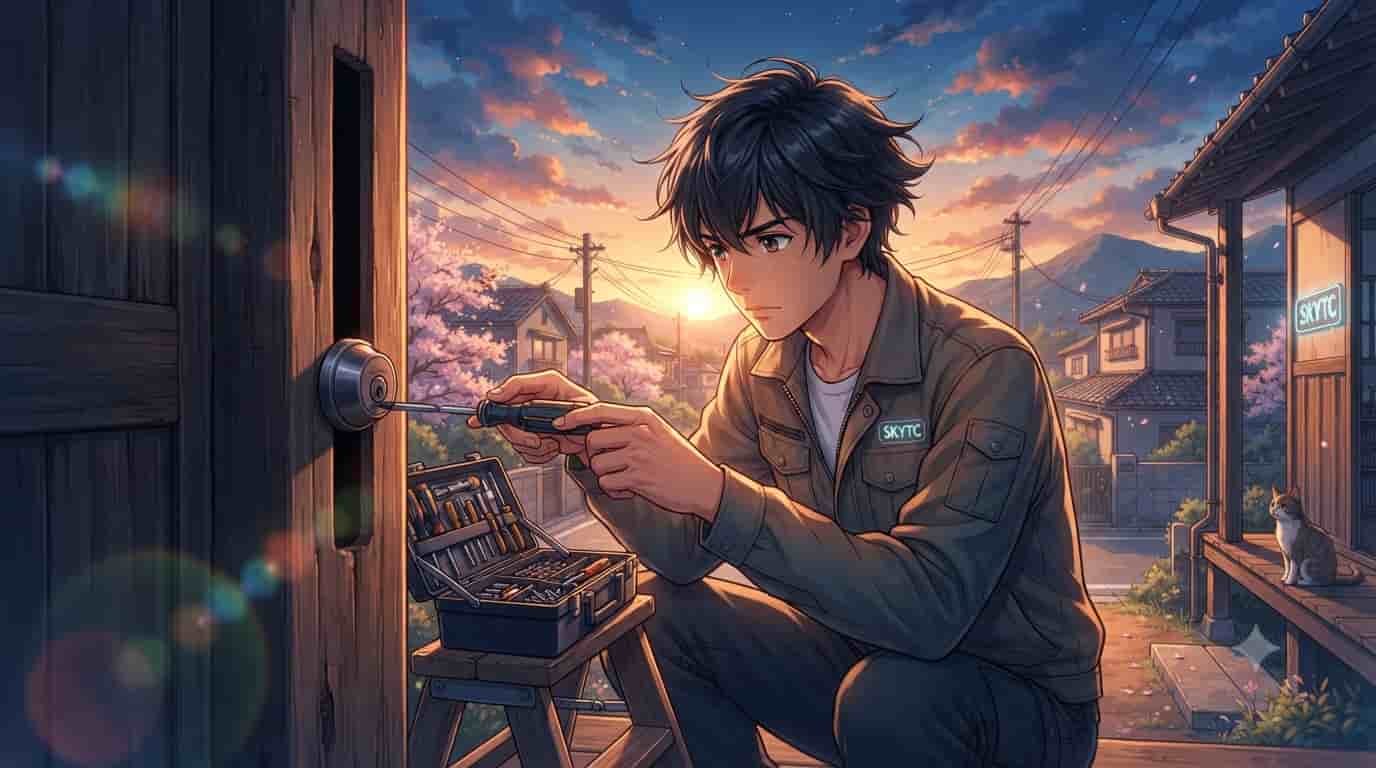 Anime illustration of a technician repairing a Kwikset Halo Bolt stuck in a wood slot, set against a background of Japanese-style architecture and a sunset sky.